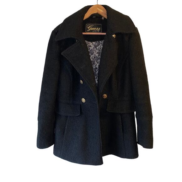 Vintage Guess Wool Blend Y2K Pea Coat SZ L Fuzzy Lined Gold Button Goth 90’s - Picture 1 of 9